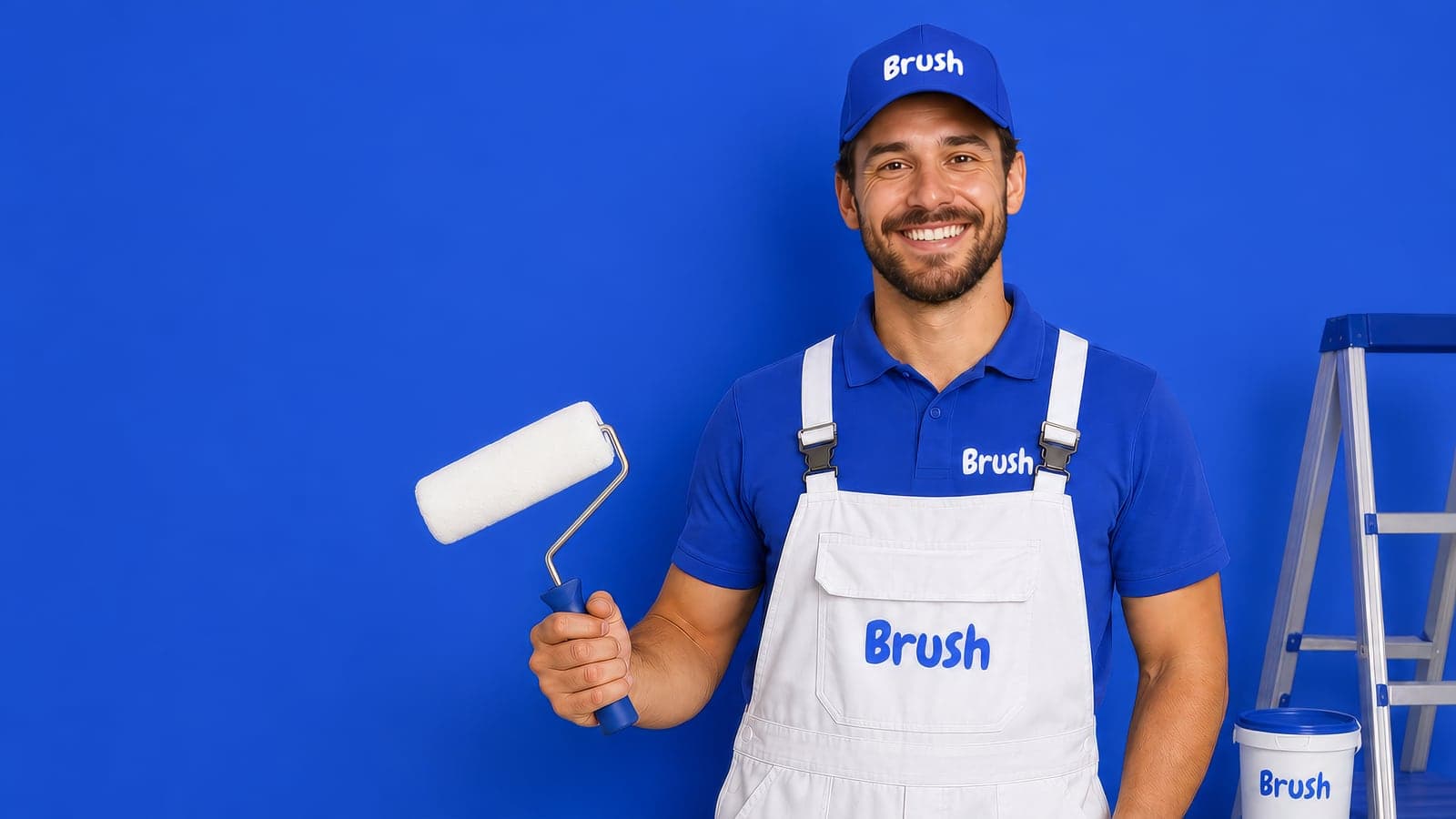 A smiling Brush painter in cap and apron holding a paint roller