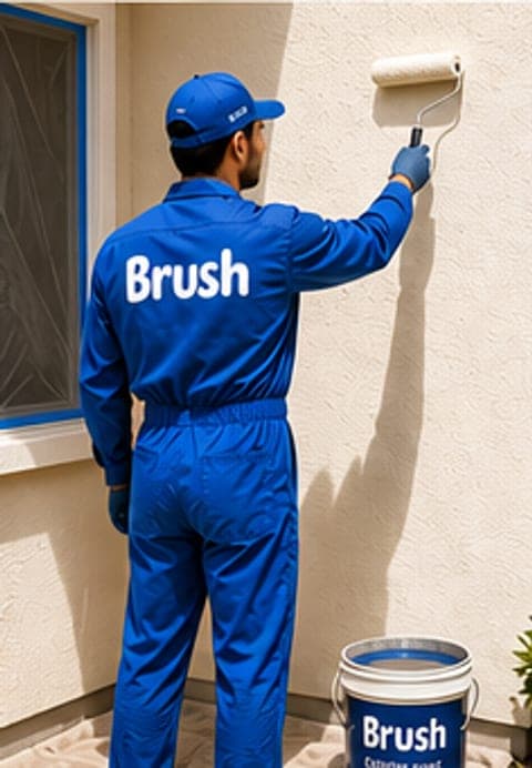 A Brush painter coating the exterior of a home