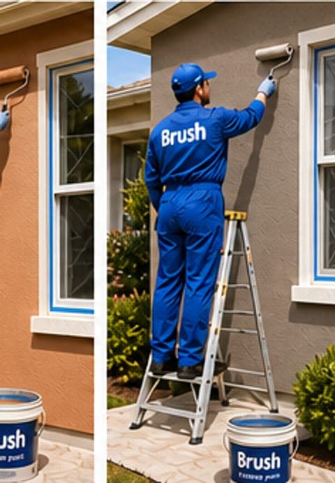 A Brush painter on a ladder coating a house exterior