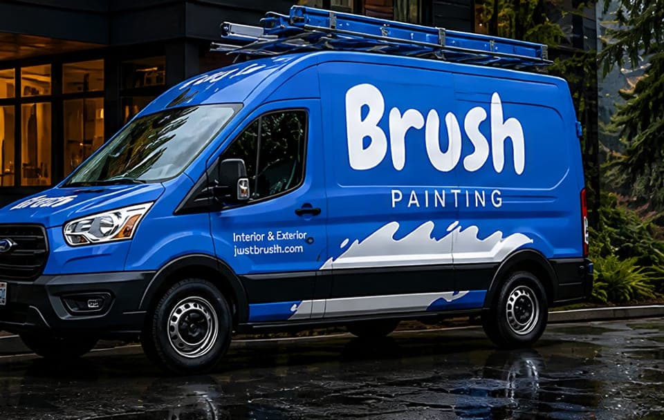 A Brush painting van on a wet Vancouver street