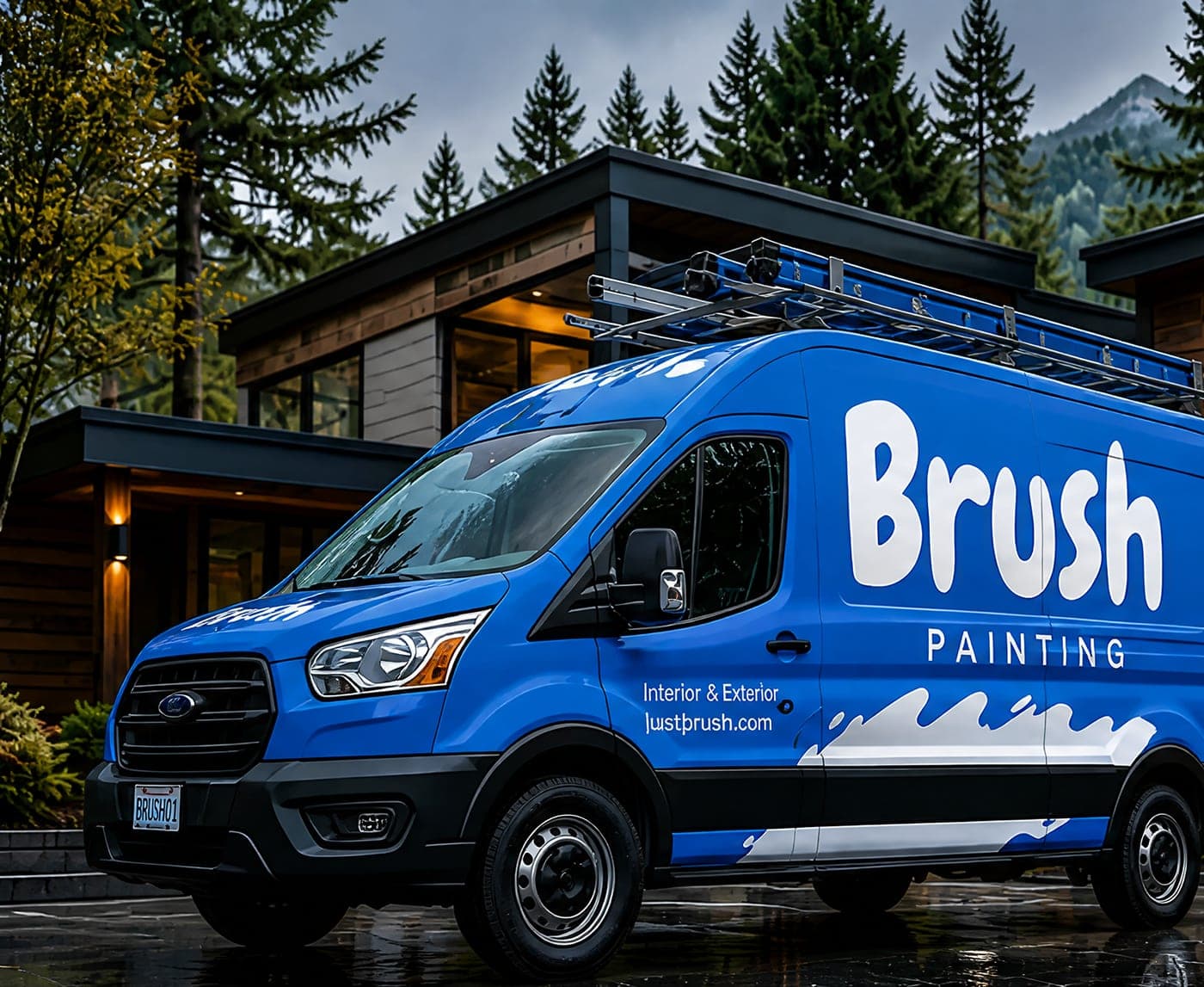 A Brush painting van parked at a modern commercial property in Greater Vancouver